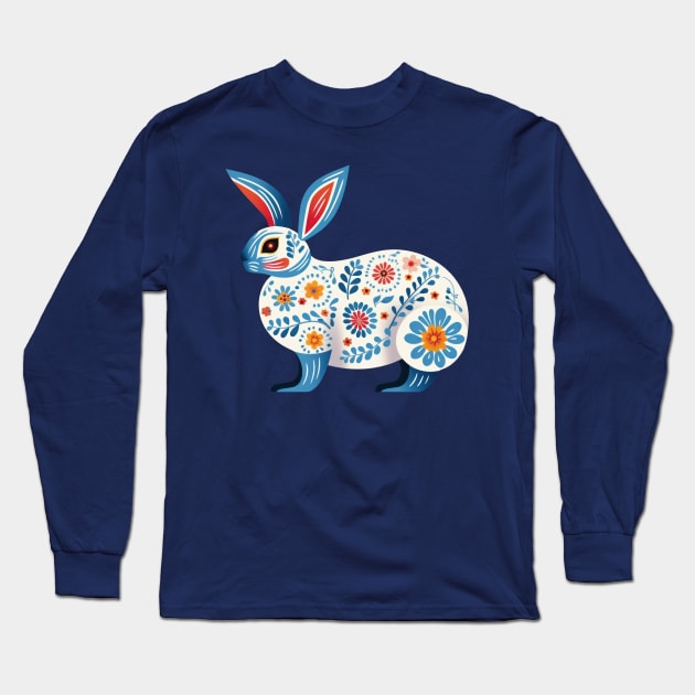 Boho Scandinavian Floral Folk Art  Rabbit . Long Sleeve T-Shirt by Alienated